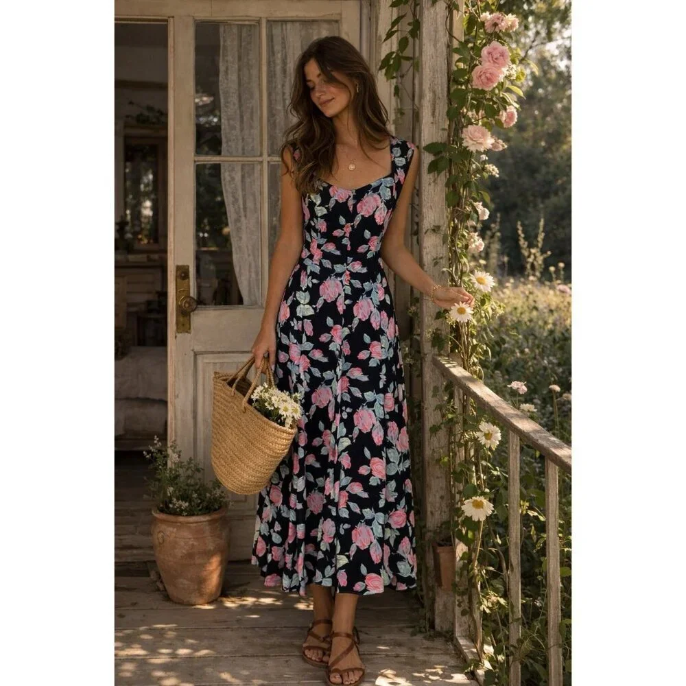 Vintage 90s Elizabeth Wyman Womens Maxi Dress Sz 10 Black Pink Floral Sundress